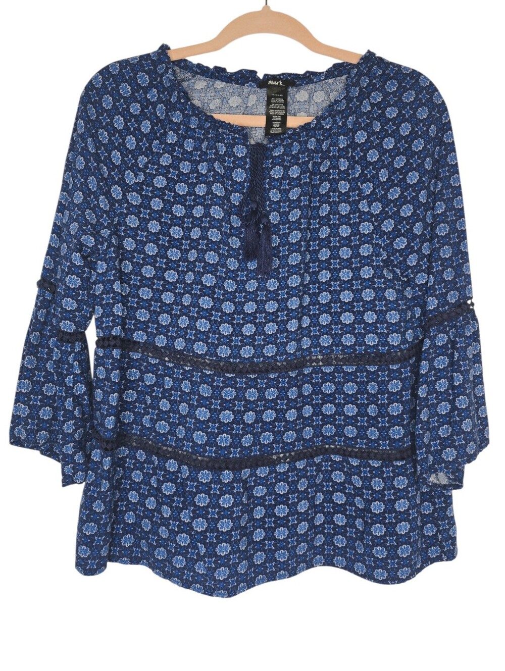 Mark. blouse with blue floral pattern with long bell sleeves
